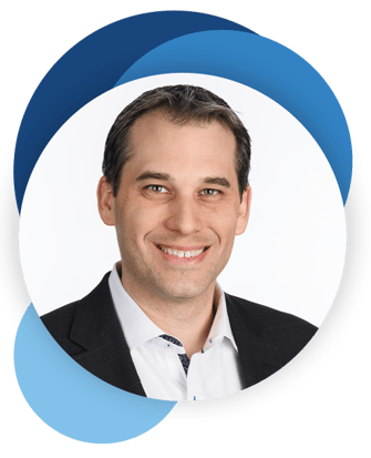 Headshot of Michael Foss from Neovia with blue circles behind image