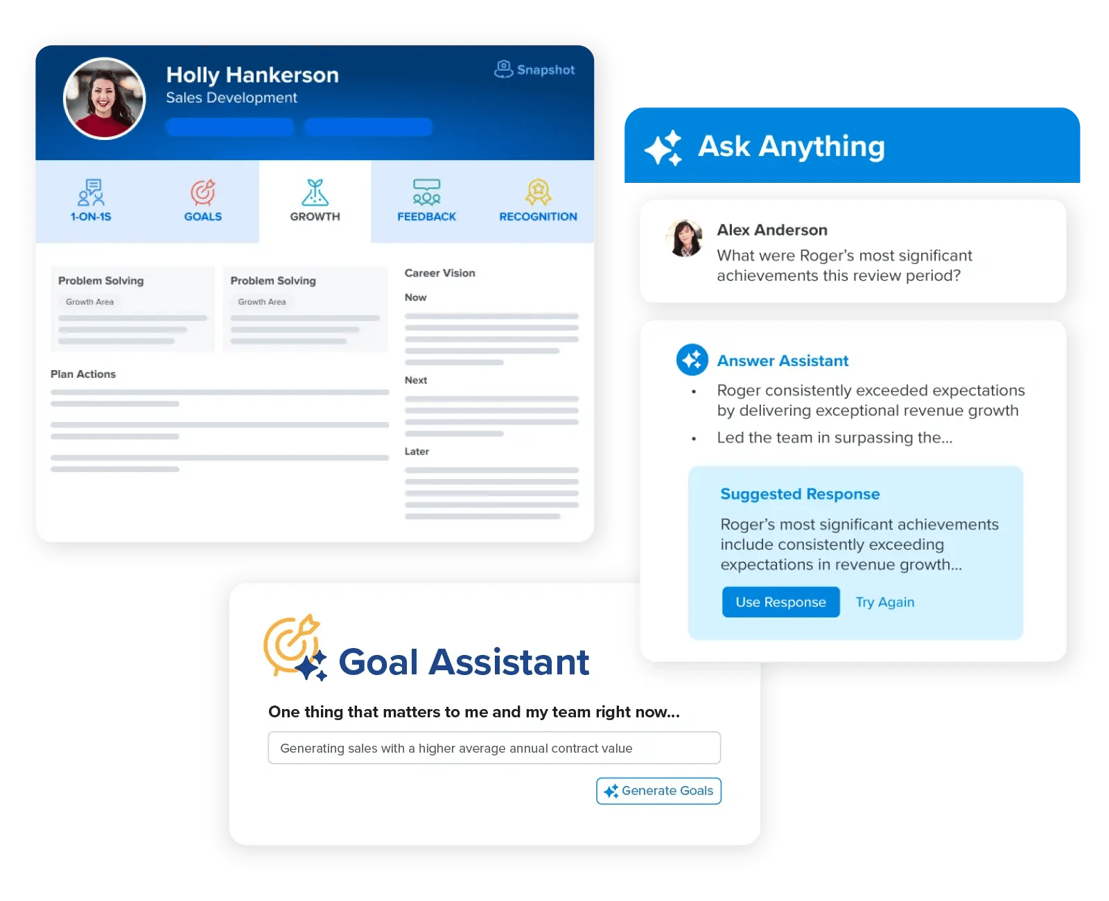 HR software images - performance snapshot, AI chat assistant, and goal creation assistant