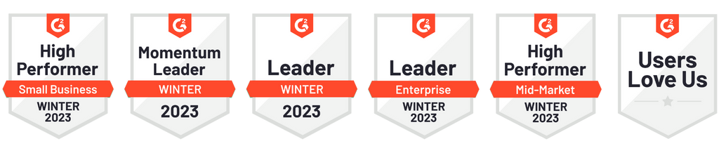 6 G2 badges for summer 2022 including Leader in marker and enterprise, high performer in small business and mid market, and momentum leader.