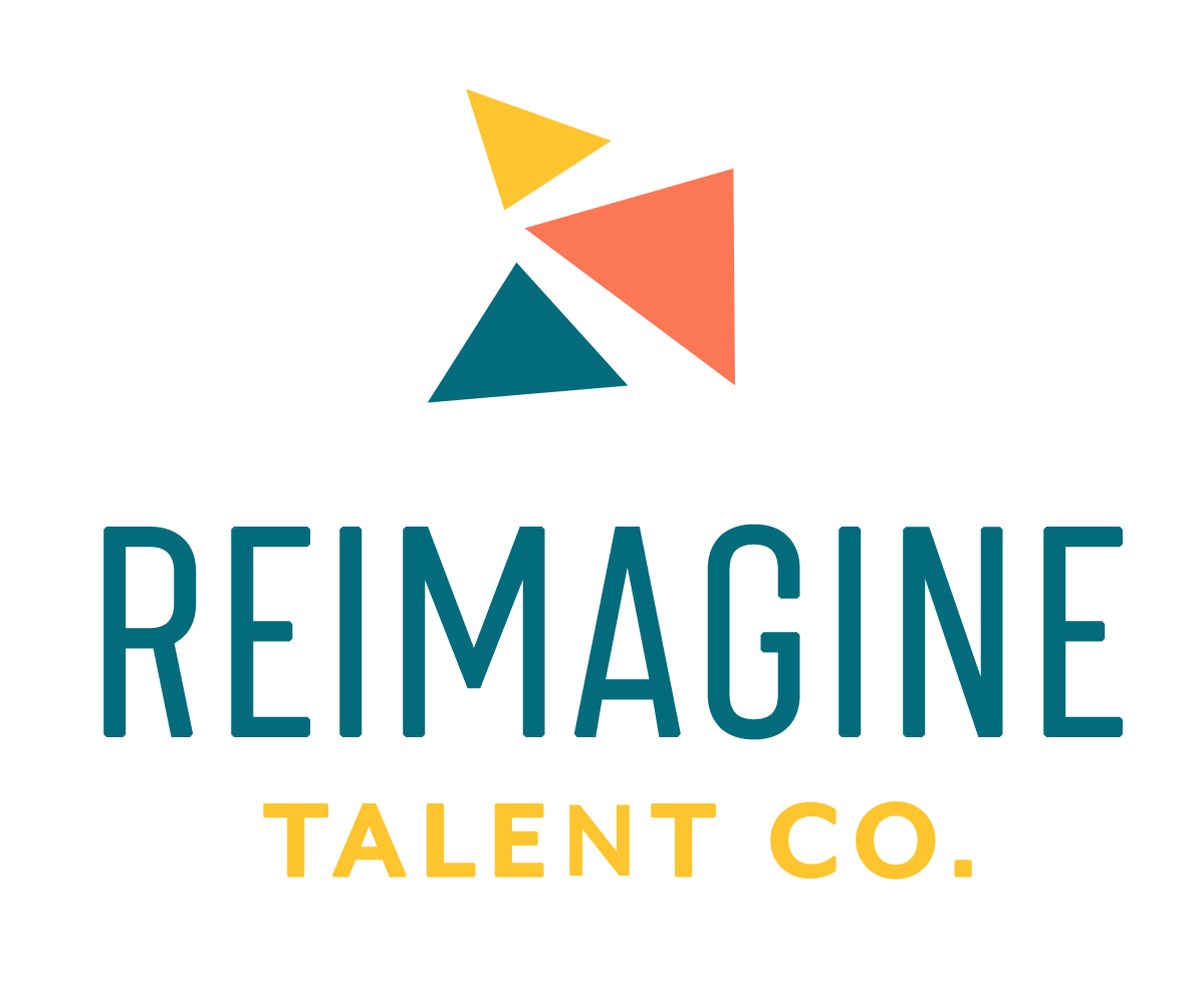 Reimagine Talent Co. logo: three geometric triangles in yellow, coral, and teal arranged into a pinwheel or kite shape above the word 