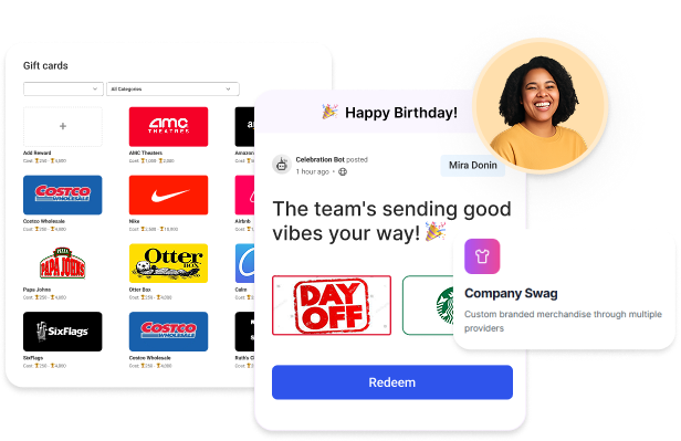 Gift card catalog in Quantum Workplace's employee rewards platform showing top brands like Amazon, Nike, and Airbnb.