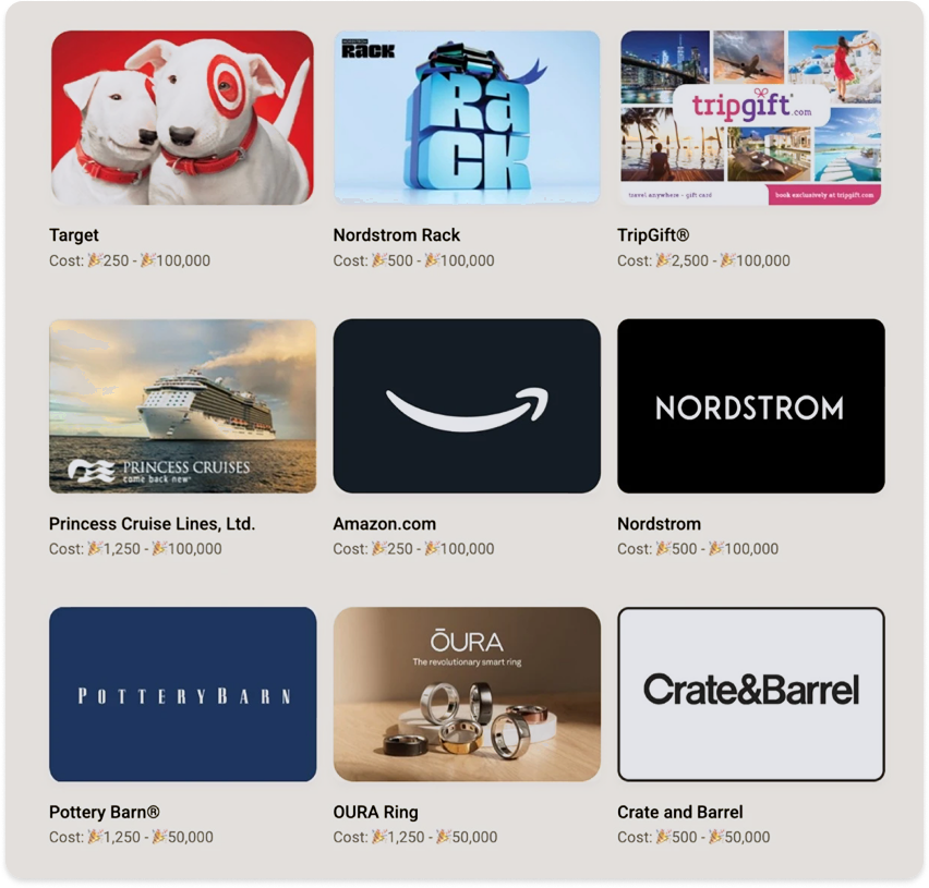 Rewards catalog in Quantum Workplace's employee rewards tool featuring gift cards for Target, Amazon, Nordstrom, and Princess Cruises.