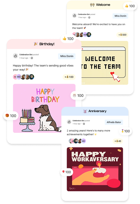 Quantum Workplace automated milestone cards for birthdays, work anniversaries, and new hire welcomes with points and team reactions