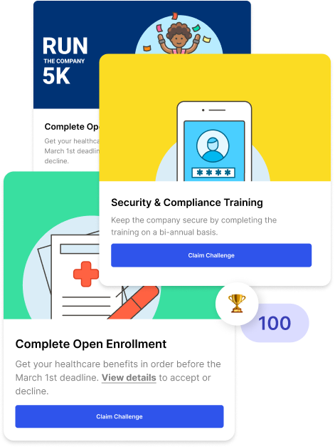 Quantum Workplace challenges feature showing employees earning points for completing security training and open enrollment tasks