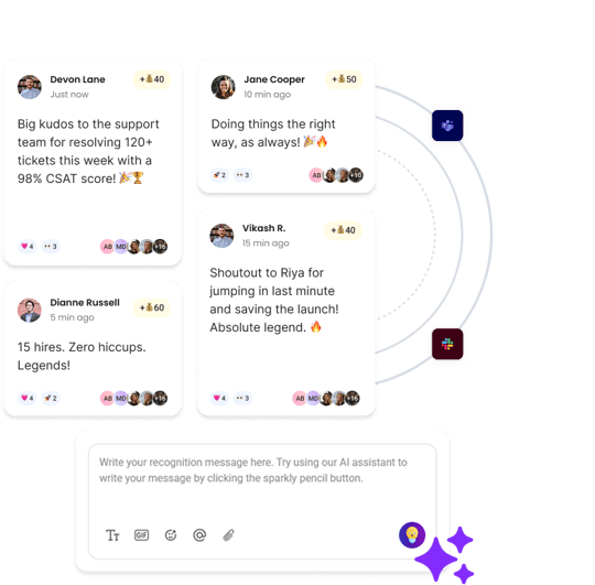 Quantum Workplace employee recognition platform feed with employee shoutouts for team wins, integrated with Microsoft Teams and Slack