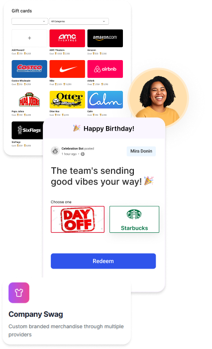 Quantum Workplace employee rewards interface showing a gift card catalog and a birthday recognition message with options to redeem a day off or Starbucks gift card