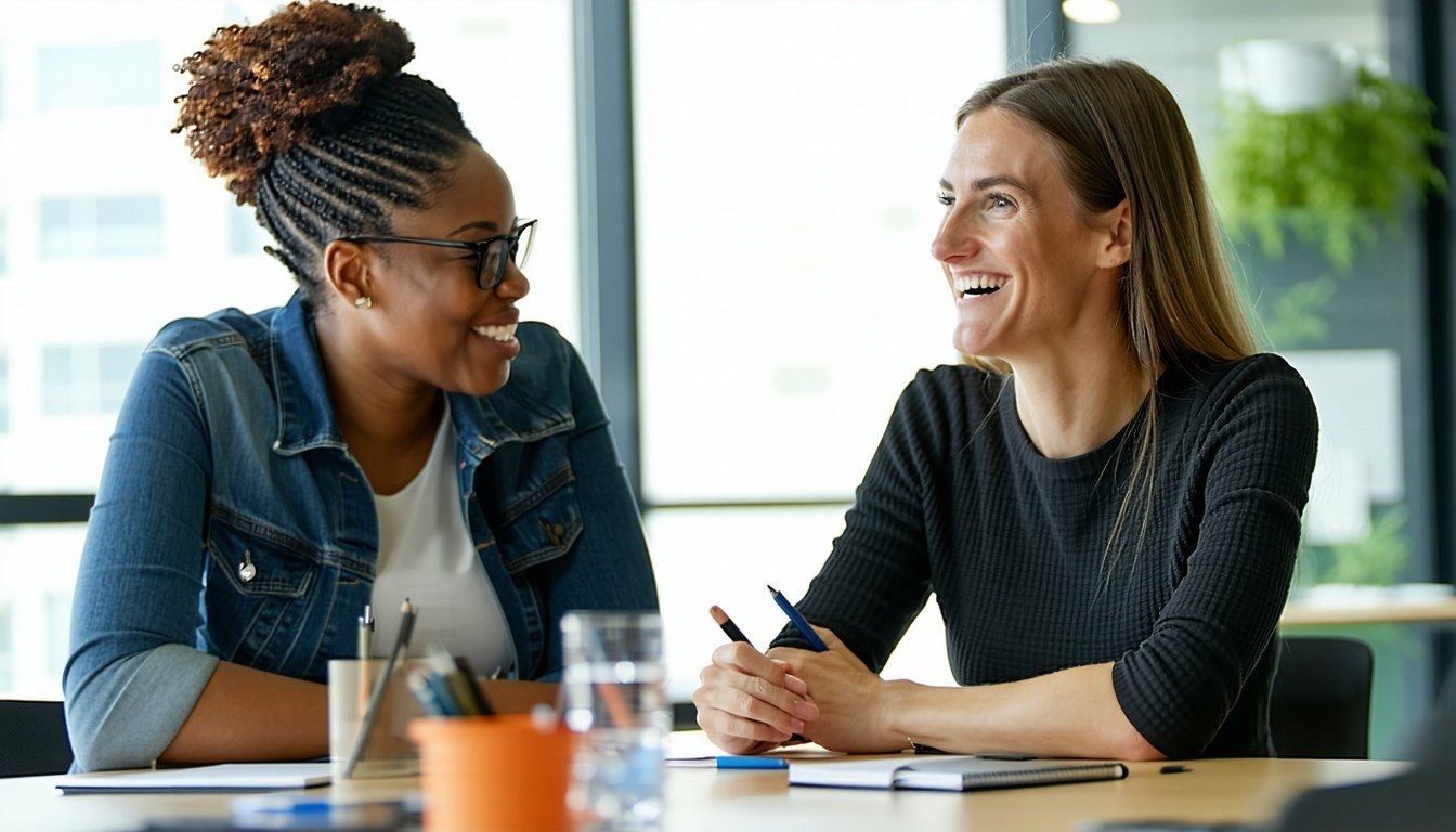 two female colleagues discussing employee growth and development in a meeting